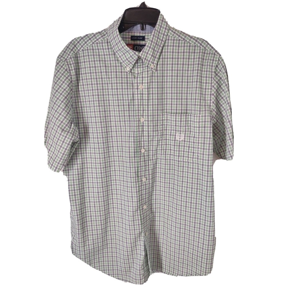 Chaps Shirt Medium Mens Plaid Green Navy Blue Short Sleeve Button Down Norm Core